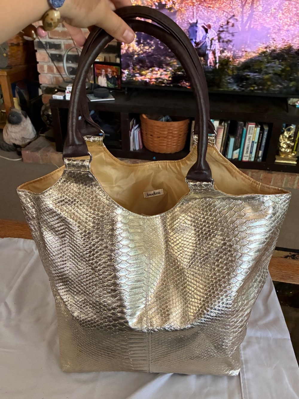 Neiman Marcus Metallic Gold Tote Bag with Dark Brown Handles